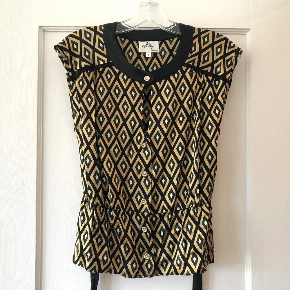 Milly | Geometric Sleeveless Silk Blouse 4